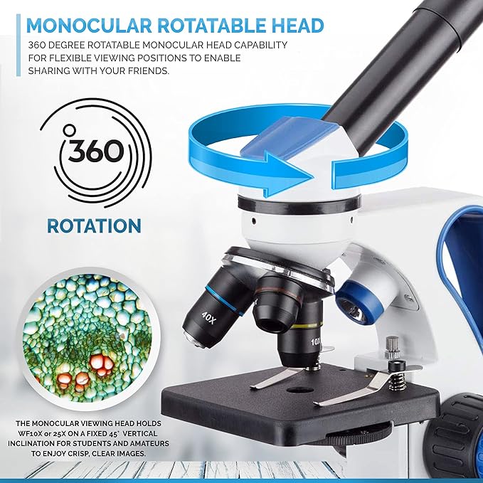 AmScope M162C-2L-PB10-WM"Awarded 2018 Best Students and Kids Microscope Kit" - 40X-1000X Dual Light All Metal Microscope with Slides and Microscope Book, Blue