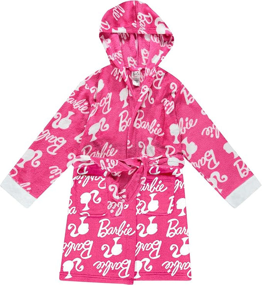 Barbie Girls Fleece Kids Hooded Robe - Super Soft Plush Kids Spa Bathrobe with Pockets, Girls Sizes 4-10 - Official Product