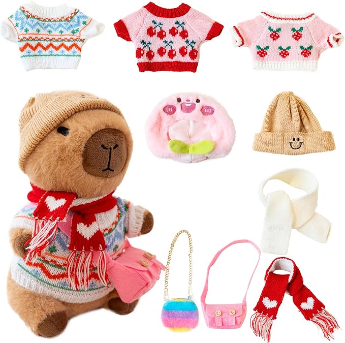 Capybara Plush with 10 Pcs Clothes & Accessories,Christmas Stuffed Animals, 10.2 in Cute Capybara Plush Toys,Birthday Gifts&Dress Up Cute Plushies for Boys/Girls (Spring-A)