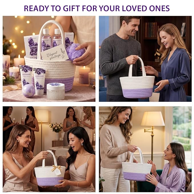 BODY & EARTH Spa Gift Baskets for Women 11pcs Lavender Gift Sets with Bubble Bath, Shower Gel, Body Lotion, Mom Birthday Gifts, Spa Kit, Purple Gift for Her, Christmas Gifts