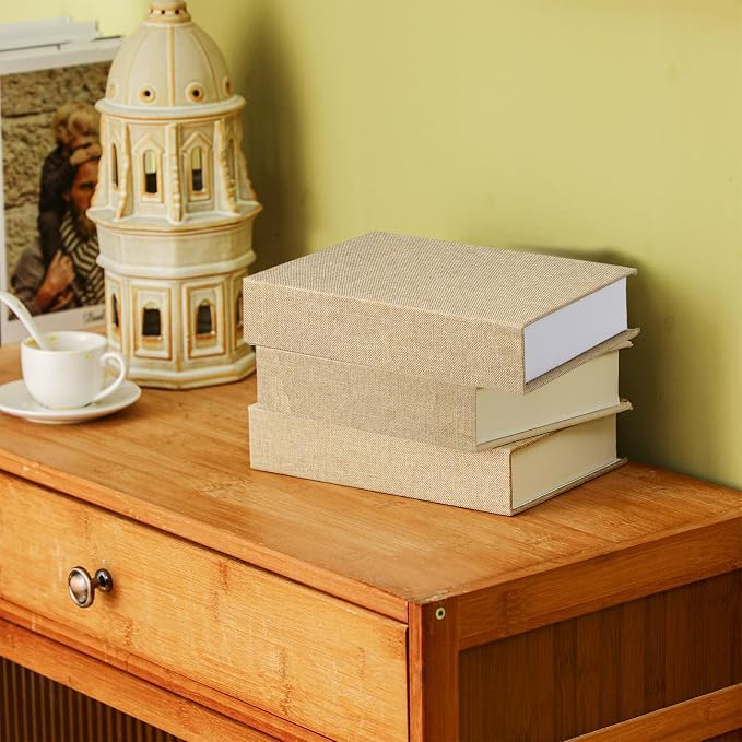 Tioncy 3 Pcs Decor Linen Faux Book Box Set Aesthetic DIY Fake Linen Book Box for Decor Storage Cafe Table Bookshelf Gift Home Keepsake(8.6 x 6.1 x 1.8 Inch,Beige)