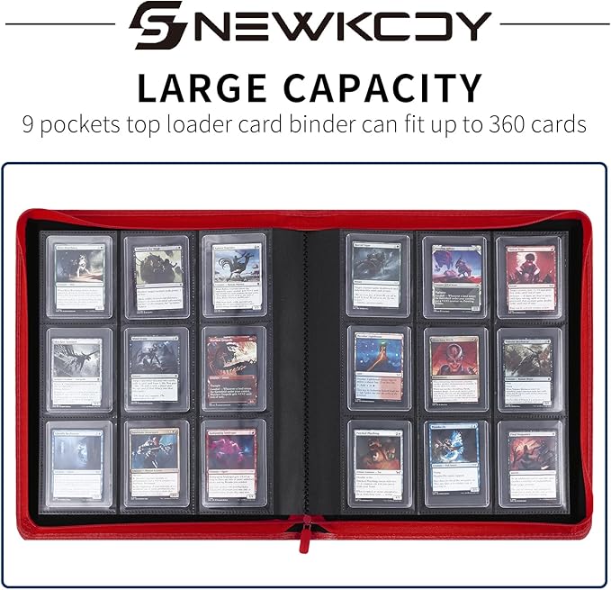 Snekdy Top loader Binder, 9 Pockets Top Loader，Holds 360 Top Loaders cards, Card binder with Sleeves for card in 3 x 4 inches color smooth Zipper PU Leather (Red)