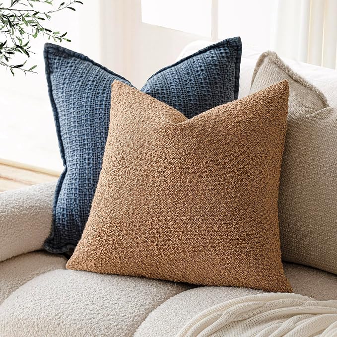 Foindtower Set of 2, Decorative Textured Boucle Throw Pillow Covers Accent Solid Pillow Cases Neutral Soft Couch Cushion Case for Chair Sofa Bedroom Living Room Home Decor 24 x 24 Inch Rust Tobacco