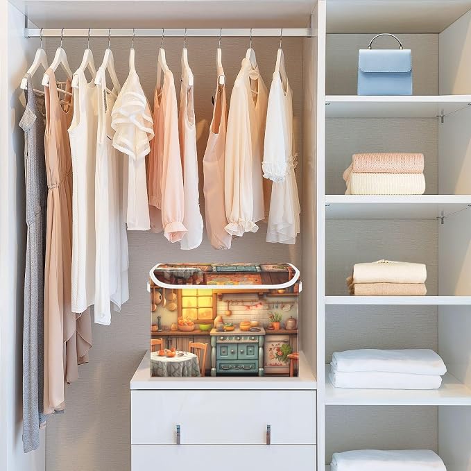 Rustic Kitchen Pattern Storage Bins with Lids and Carrying Handle,Foldable Storage Boxes Organizer Containers Baskets Cube with Cover for Home Bedroom Closet Office