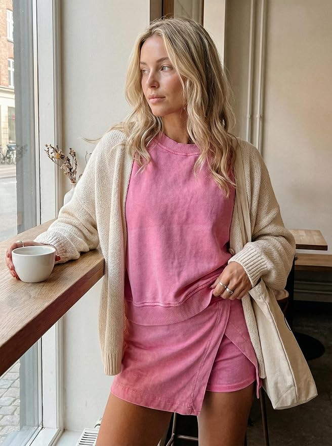 Women 2pc Mineral Wash Athletic Lounge Tank Skirt Set | Soft mineral wash cotton,Breathable.Relaxed lined split skirt.Ideal for travel,lounge,gym,workout casual daily wear