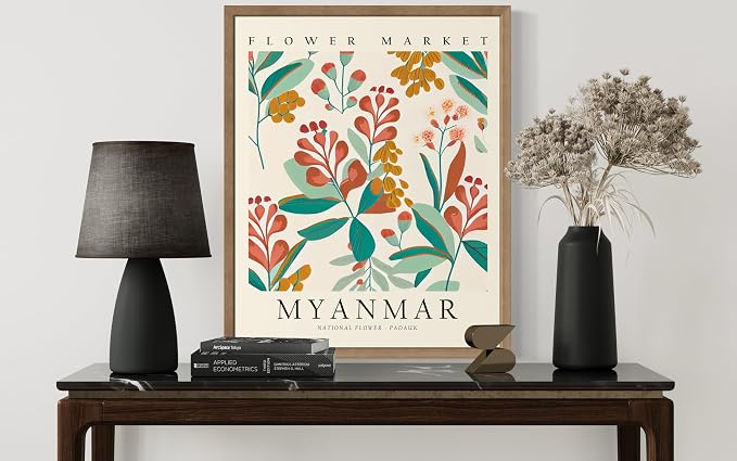 Myanmar Flower Market Art Print Poster, Wall Art Floral Painting Botanical Decor for Bedroom, Kitchen, Bathroom Livingroom Decoration 82B (Myanmar, 14"L x 11"W, Wood Frame)