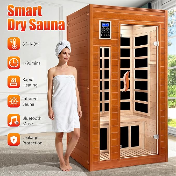 X-Vcak 1-2 Person Infrared Sauna, Dry Heat Sauna with Red Light Therapy, Bluetooth, Radio, 7-Color Therapy Light for Home, Indoor, Gym, Wellness Center, 40″ x 36″ x 73″, Brown