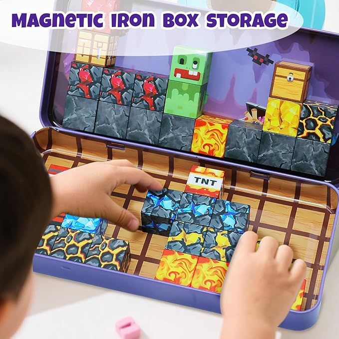 Magnetic Blocks Set, 35PCS Educational STEM Mine Tunnel Travel Building Toys for Kids 3+, Portable Magnetic Block with Metal Storage Box, Toddler Learning Toys for Boys Girls 4-8 Birthday Gift