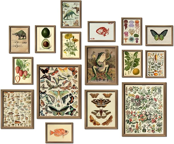 16 PCS Vintage Wall Art Decor, Botanical Cottagecore Wall Collage Kit for Bedroom, Farmhouse Posters for Room Aesthetic, Wall Prints Pictures for Living Room, Rustic Dorm Gallery Home Decor