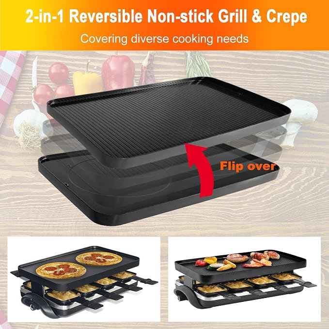 TAMARIT Raclette Grill with Extra Stone Plate, Indoor Electric Table Grill | Dual grill: reversible cast Aluminum plate and granite stone plate, 8 nonstick cheese trays, 1500W, for family parties