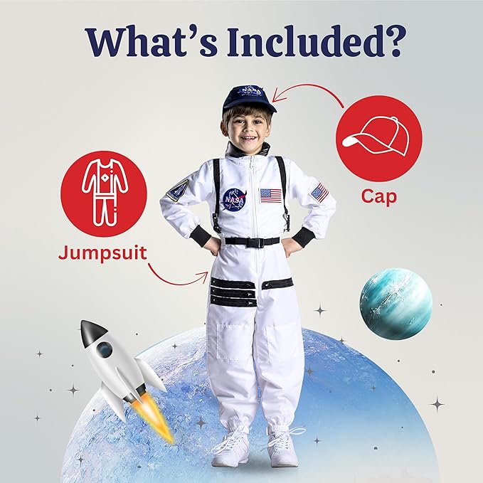 Dress Up America Kids NASA Astronaut Costume – Orange Space Suit with Cap – Realistic Halloween & Dress-Up Outfit