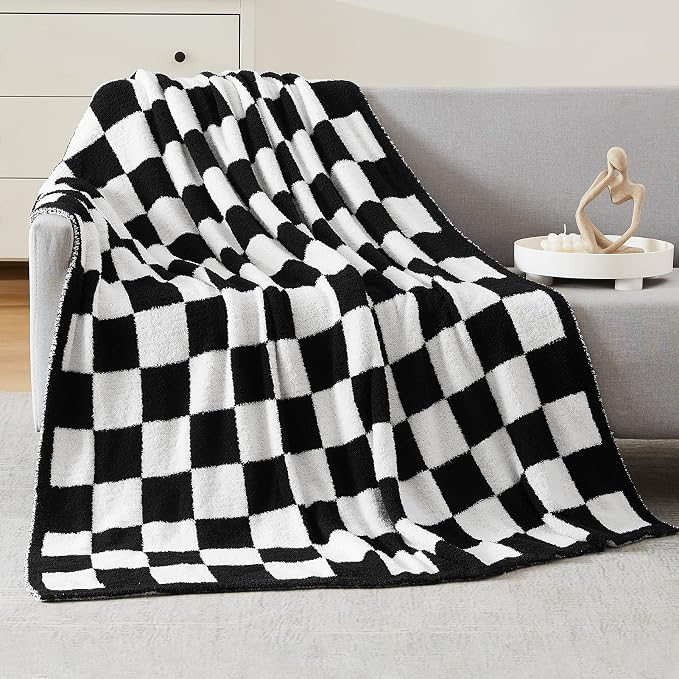 Soft Checkered Throw Blanket for Couch-Cozy Warm Knitted Blankets | Lightweight Warm Fluffy Decor for Women, Mom, Her & Girls, Sofa, Chair, Bed, 50x70in, Black and White