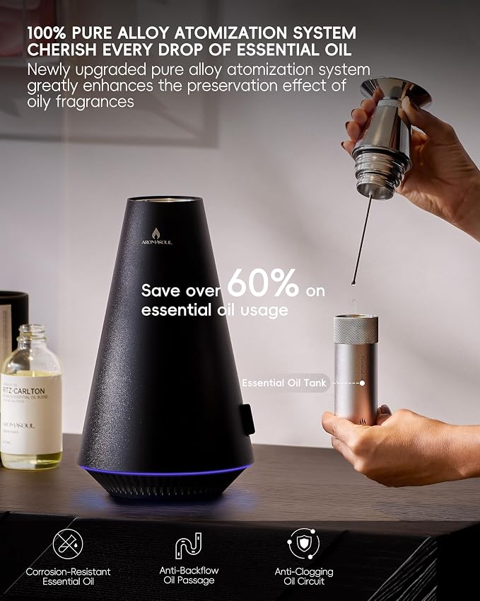 All-Metal Waterless Scent Diffuser Kit – 1500 Sq.Ft Coverage, Wireless Rechargeable,App Control, Mood Light, Hotel Scent Diffuser, Includes 5×15ml Essential Oils, for Home,Large Room,Spa,Black