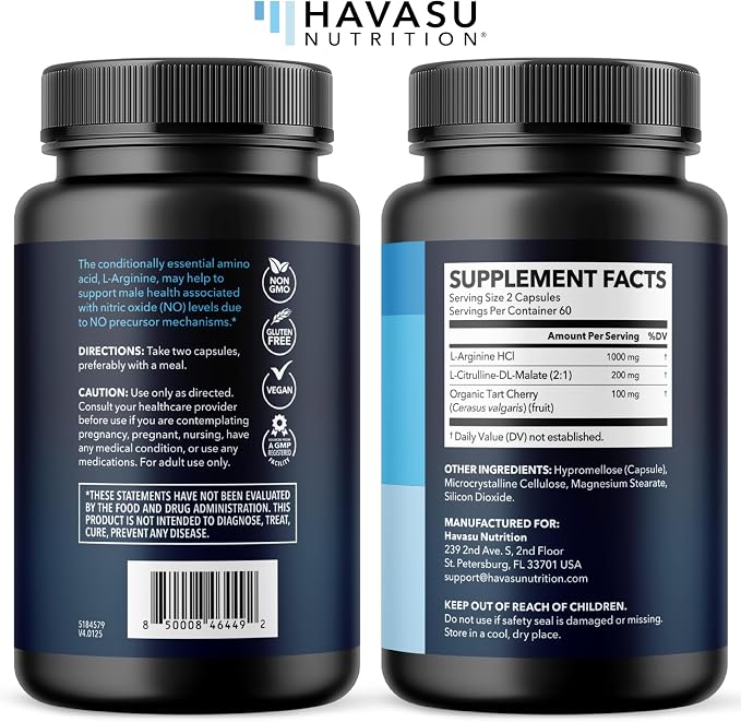 L-Arginine Capsules with L-Citrulline - Nitric Oxide Supplement - L Arginine and L Citrulline Blend - 120 Count - Vegan, Non-GMO Capsules for Performance, Endurance and Muscle Support - 2 Month Supply