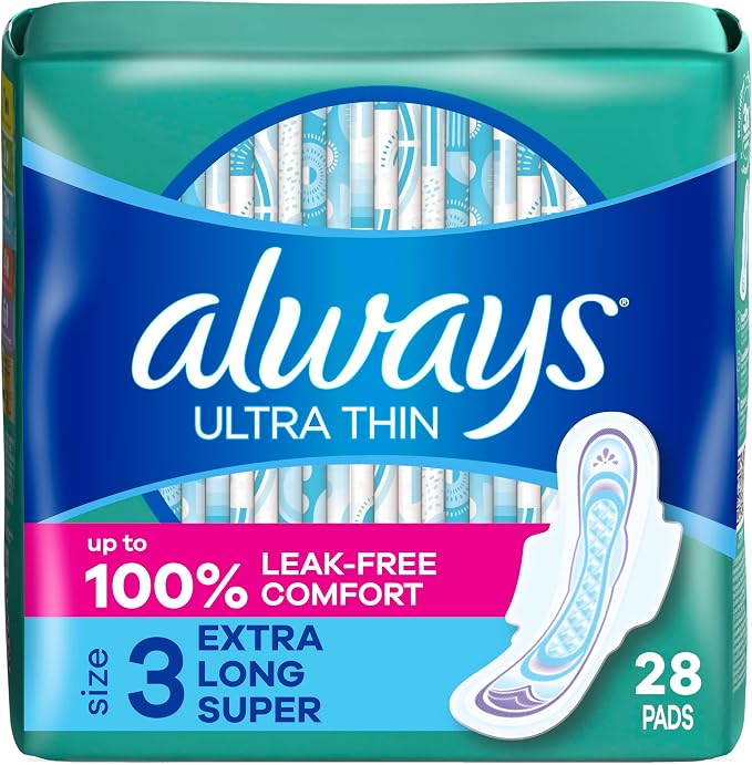 Always Ultra Thin Size 3 Extra Long Super Pads with Wings Unscented, 28 Count