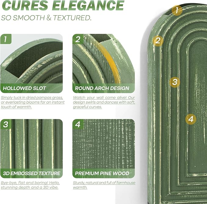 EOSAHR Wall Vase for Flower: Wall Planter Holder for Boho Wall Decor, Green | 2Pcs, Pine Wood, 3D Embossed Lines, Round Corner Design, for Both Wall & Desktop, Green Wall Decor, Wall Art for Bedroom