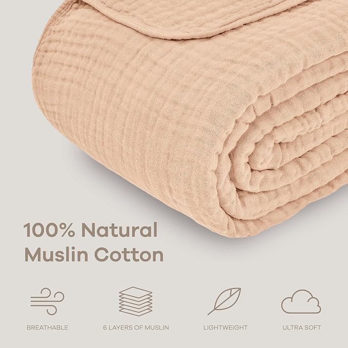 Comfy Cubs Adult Muslin Blanket 50x60” Throw Swaddle Blankets, Cream | 6 Layer Soft, Breathable & Lightweight Muslin Adult Blanket - Machine Washable & Designed in the US Bedding for All Seasons
