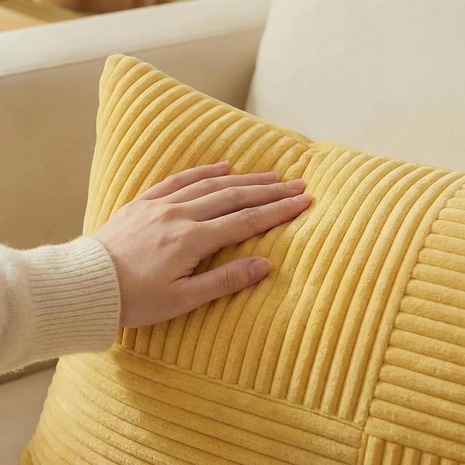 Fancy Homi 2 Packs Yellow Long Lumbar Decorative Throw Pillow Covers 12x24 Inch for Couch Bed Sofa, Rustic Farmhouse Boho Home Decor, Soft Striped Corduroy Rectangle Accent Cushion Case 30x60 cm