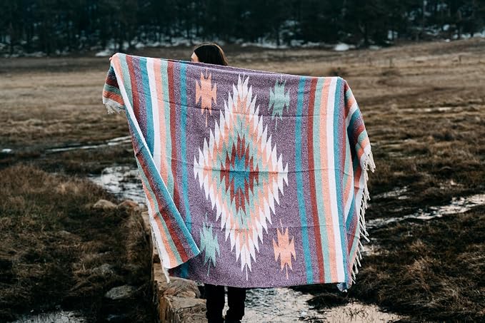 Open Road Goods Aztec Navajo Style Blanket, Throw, or Yoga Bolster - Handwoven Mexican Diamond Blanket (Pastel Blanket)