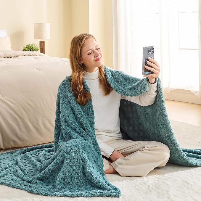 NEWCOSPLAY 3D Waffle Checkered Flannel Throw Blanket, Light Teal, 50"x70" | Super Soft Cute Lightweight Decorative Premium Silky Fleece Blanket for Couch Sofa Bed, Gift for Women Men, All Season Use