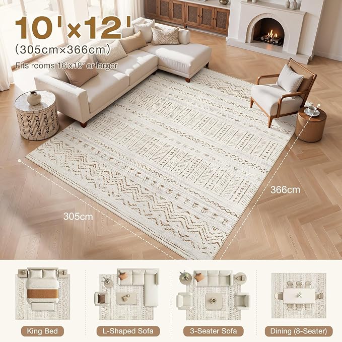 cotiled 10x12 Area Rugs Living Room Rug: Washable Boho Rugs with Non Slip Backing Large Soft Indoor Stain Resistant Carpet for Bedroom Farmhouse Dining Room Lightweight Home Decor Brown/Cream