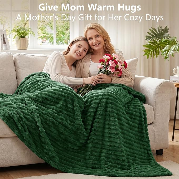 Dark Green Blankets Queen Size for Bed, 90 x 90 Inch | 300GSM Ribbed Fleece Blanket, Soft, Cozy & Lightweight, OEKO-TEX Certified, All-Season for Bedrooms, Guest Rooms & Gifting