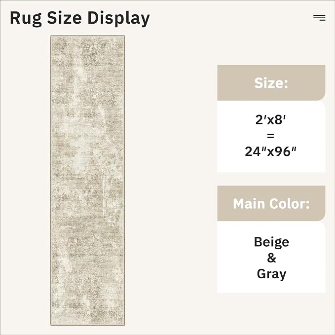Soalmost Abstract Runner Rug 2x8 Hallway Kitchen Runners Beige/Gray | Vintage Washable Rugs for Bathroom Laundry Room, Low Pile Stain Resistant Floor Carpet Mat Entryway Corridor Bedroom