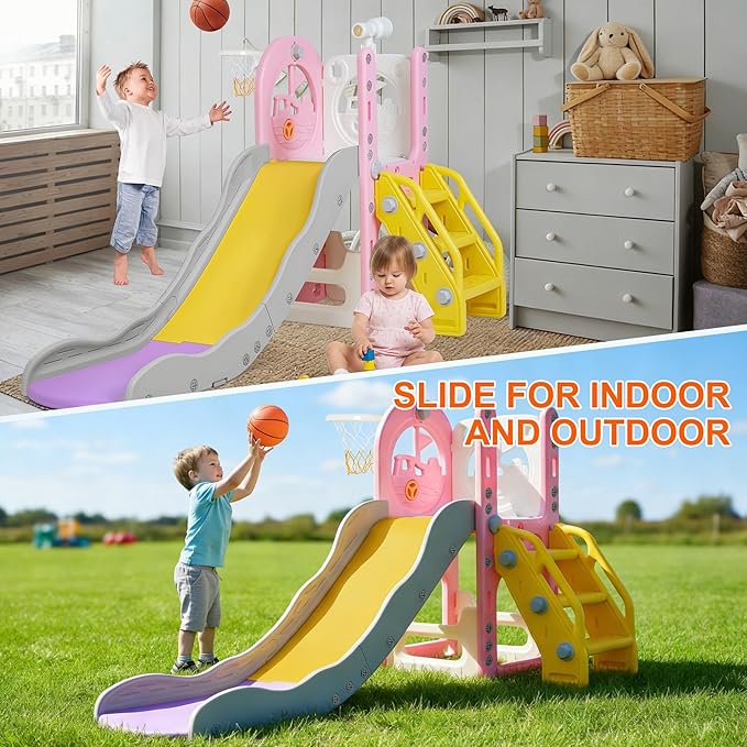 6 in 1 Toddler Playset Toddler Slide and Climber Playset, L-Shaped Kids Slide with Basketball Hoop, Telescope & Storage, Sturdy Indoor Outdoor Playground, for Boys Girls 1-3+