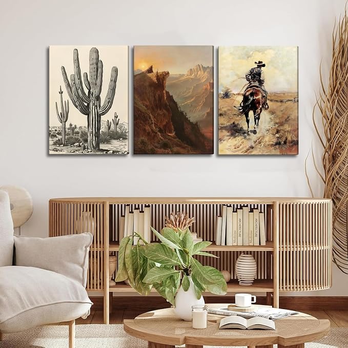 Western Cowboy Wall Art Set of 3, Vintage Southwestern Wall Decor Painting, Western Ranch Desert Farmhouse Poster Canvas Prints Aesthetic Pictures for Bathroom Bedroom Living Room Framed 16x24 inch