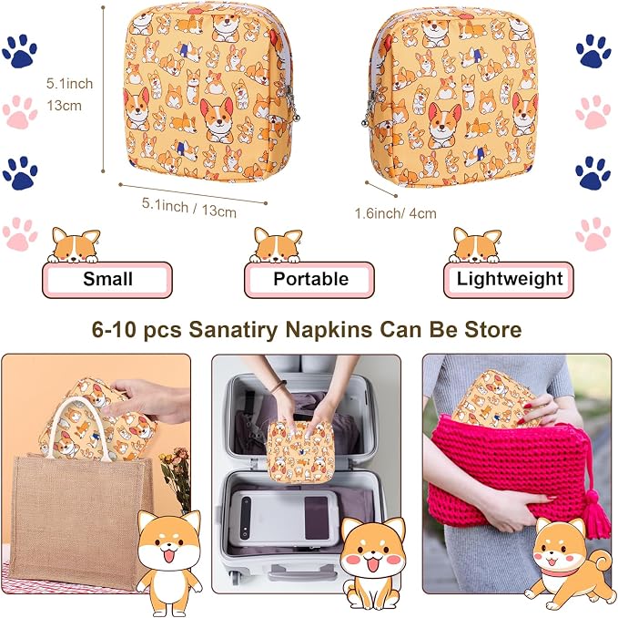 Likesing Period Bag Pouch, Canvas Sanitary Napkin Storage Bag for Girls Womens, Portable Sanitary Napkin Period Pad Pouch for Purse, Small Make Up Bags(Orange Dog)