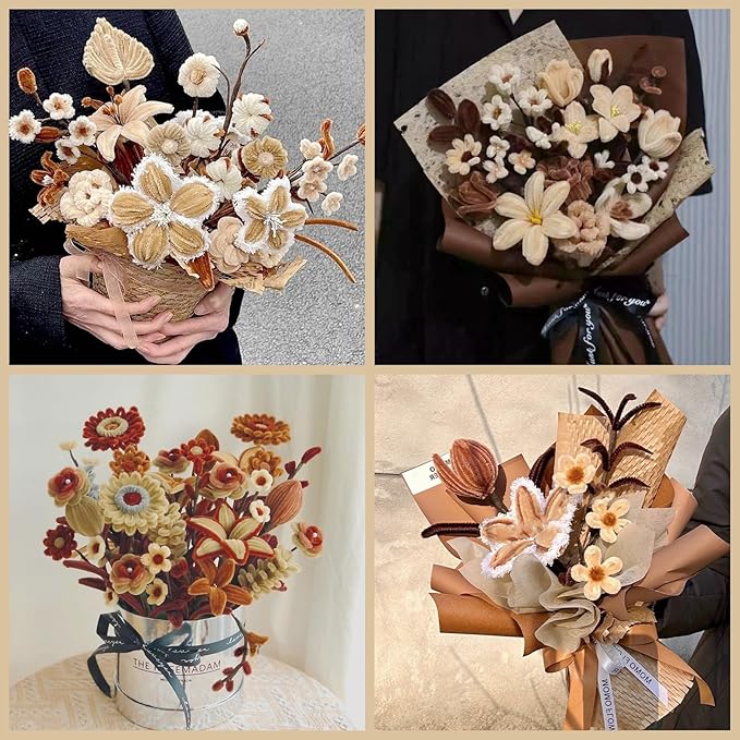 ASTARON 521 Pcs Pipe Cleaners Craft Set, 5 Colors Pipe Cleaners Bulk Pastel Chenille Stems for Craft Pipe Cleaner Flowers Making Kit with Floral Wires, Gardening Tape (Yellow Brown Series)