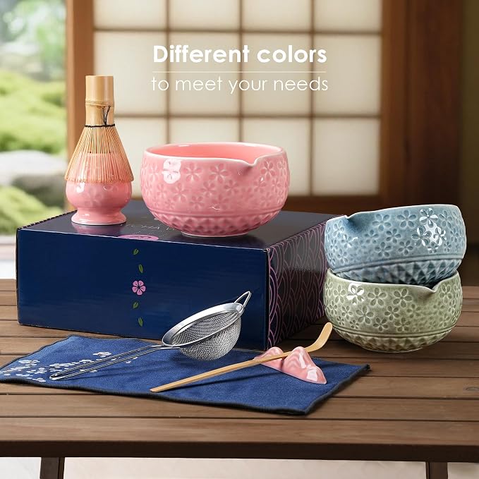 7Pcs Matcha Whisk Set, Matcha Set Whisk and Bowl,Bamboo Scoop, Scoop Rest, Sifter and Tea Towel, Matcha Kit W/Carved Cherry Blossm Pattern for Matcha Lovers (Sakura Green)