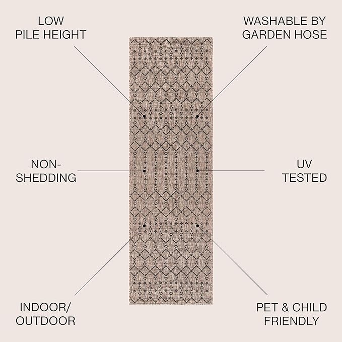 JONATHAN Y Moroccan Geometric Indoor Outdoor Runner Rug 2X14 Natural/Black, Ourika Textured Weave for Backyard, Patio, Porch, Easy-Cleaning, High Traffic, Pet-Friendly, Non-Shedding (SMB108D-214)