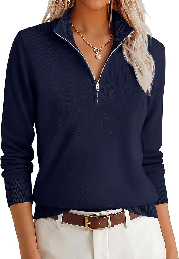 ANRABESS Women Quarter Zip Long Sleeve Fall Pullover Sweater | Soft Knit Fabric Medium Stretch, Business Casual Work Office, Travel Vacation, 2026 Trendy Fashion, Winter Cozy Outfits