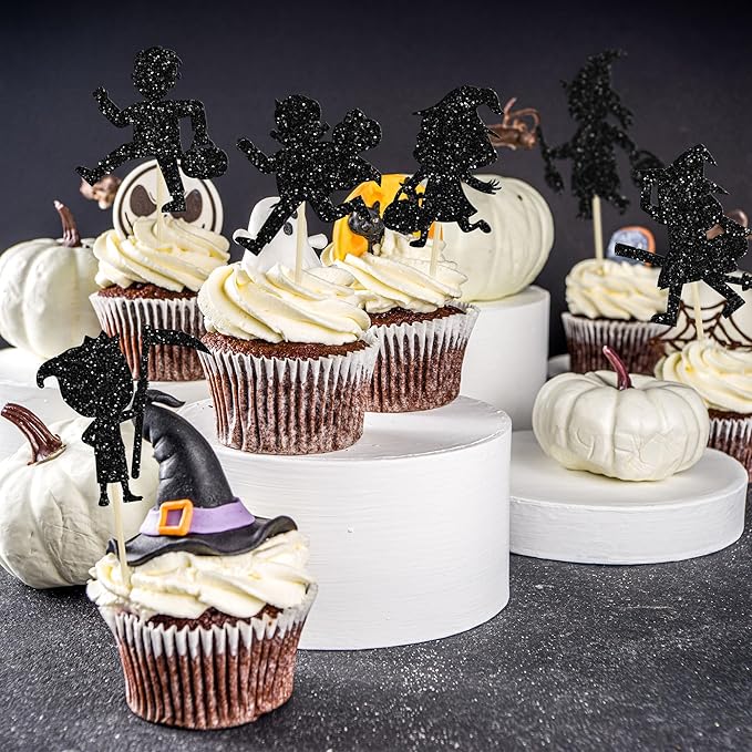 Gyufise 24Pcs Halloween Cupcake Toppers Black Glitter Trick or Treat Halloween Cupcake Pick Decorations for Baby Shower Kids Boys Girls Birthday Party Cake Decorations Supplies