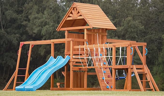Dolphin Playground Wooden Swing Sets, Monkey bar, Plank Bridge with Rope Mesh, 2 Wave Slides, Large Climbing Wall, Outdoor Table, Saucer Swing, Playground Sets for Backyards, Outdoor Playset