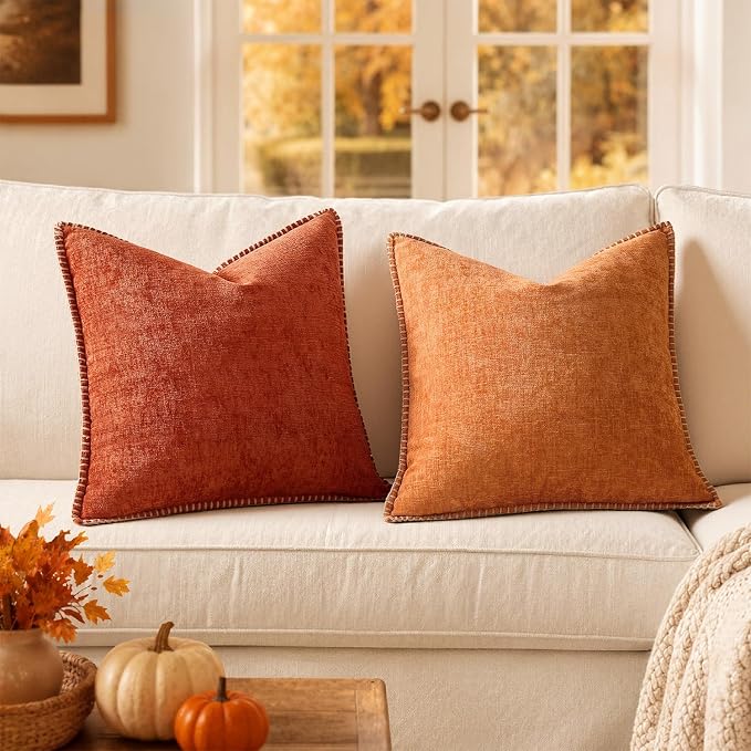 MIULEE Fall Decorative Couch Throw Pillow Covers 18x18 Inch Rust 2 Pack | Terracotta Farmhouse Pillow Covers with Stitched Edge, Soft Chenille Cushion Cases, Sofa Bed Living Room Home Decor