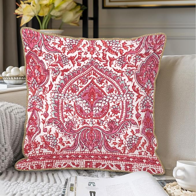 KSLIDS Pink Teal Flower Soft Velvet Throw Pillow Covers Set of 2 Boho Ethnic Red Foral Decorative Pillow Covers 18x18 Inch Bohemian Farmhouse Pillow Case for Sofa Couch Living Room Home Decor