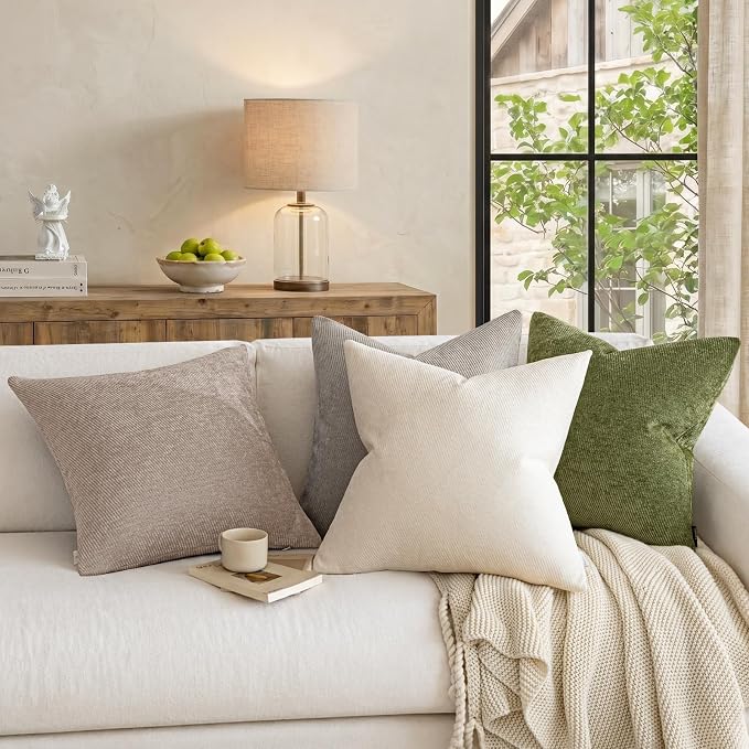 a moment Pack of 2 Decorative Chenille Throw Pillow Covers with Twill Cushion Covers for Sofa Living Room Couch Bed 16x16 Inch Beige