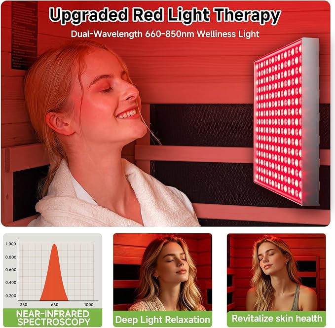Real Relax Infrared Sauna with 660 & 850nm Red Light Therapy, Full Spectrum Sauna with 7 Heater, 1290w 120v, Fast Heat-Up, 1 Person Canadian Hemlock Wood Dry Sauna for Indoor, Home Gym, 31.5*30.3*67"