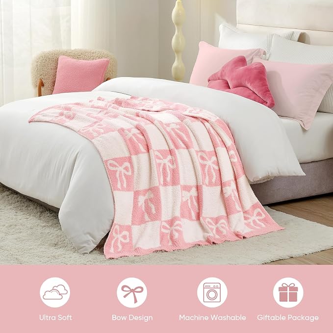 Snuggle Sac Bow Throw Blanket for Couch, Microfiber Fluffy Warm Cozy Fuzzy Reversible Checkered Blankets for Sofa, Chair, Bed, 60x80 inches