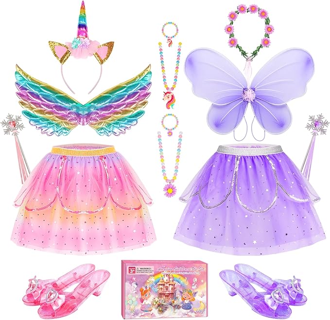 Jeowoqao Kids Princess Dress Up Clothes, Toddler Girls Dressup Pretend Play Costumes, Tutu Skirt, Butterfly Wings, Princess Shoes Toys for Ages 3 4 5 6