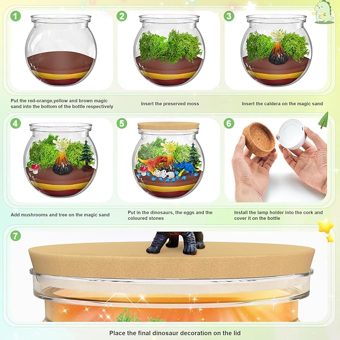 Dinosaur Gifts for Boys -Dinosaur Terrarium Kit for Kids 4-8, Night Light Craft Kit, DIY Dinosaur Gifts for Kids Arts and Crafts DIY Nightlight Project Novelty for Boys Age 6-12