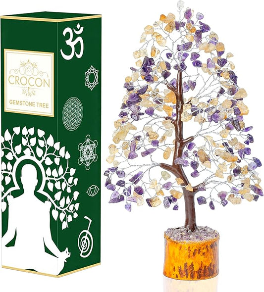 Amethyst & Citrine Crystal Tree of Life - Chakra Tree for Positive Energy, Handmade Gemstone Feng Shui Decor - Good Luck Money Bonsai, Healing Crystals Decoration Ornament, Spiritual Gift