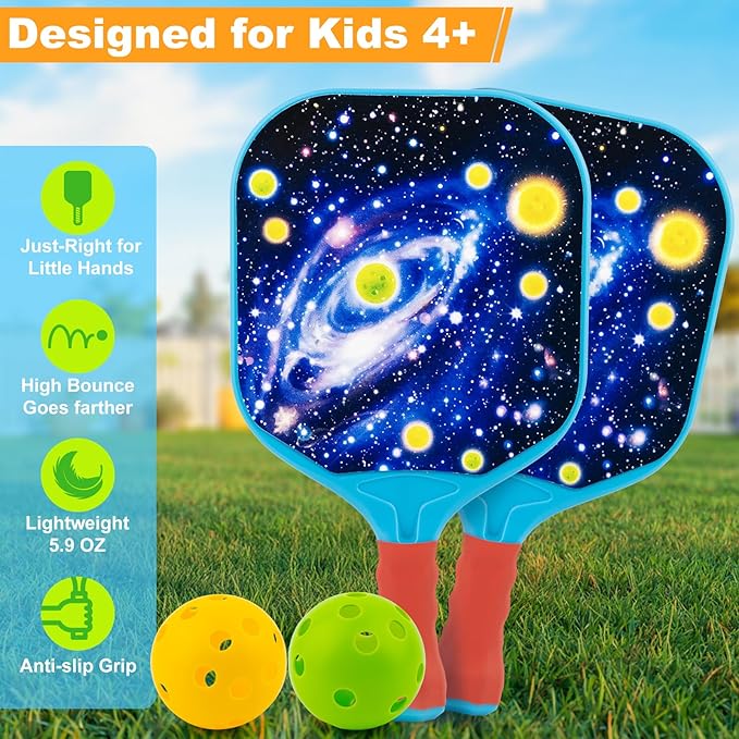 Kids Pickleball Paddles Outdoor Toys for Kid Ages 4 5 6 7 8 Year Old Boy Girl Stocking Stuffers, Beginner Easy to Use Yard Ball Games Set of 2, Lightweight Grip for Small Hands