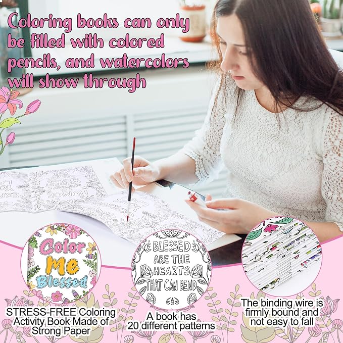 Liliful 24 Pcs Blessed Theme Coloring Book Bulk for Adult DIY Flower Stress Relief Color Drawing Book with Patterns for Adults, Party Favors, Goodie Bag Filler and Holiday Gifts