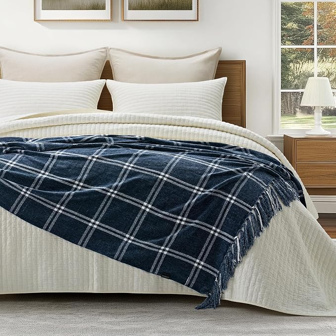 Plaid Chenille Knit Throw Blanket, 50"x60", Navy & White | Soft Knitted Throw with Tassels, Cozy, Lightweight, Windowpane Grid Plaid, Decorative Farmhouse Throw for Couch Bed Sofa Gift