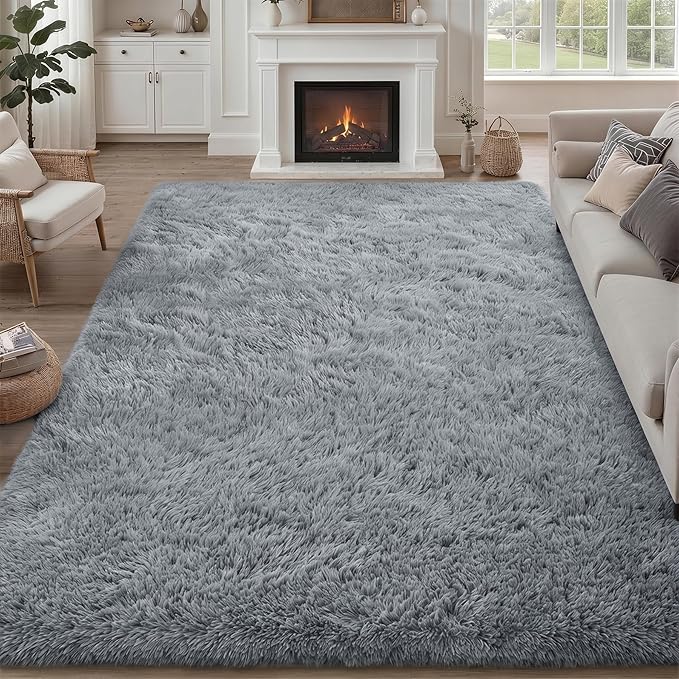 8x10 Area Rugs for Living Room Bedroom: Ultra Soft Fluffy Shag Rug Upgrade Non-Slip Non-Shedding Large Fuzzy Plush Carpet Indoor Floor Carpets for Kids Room Playroom Nursery Dorms Home Light Gray
