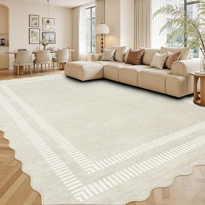 Scalloped Washable 9x12 Area Rugs for Living Room, Ivory Ultra-Thin Bedroom Rug Non-Slip Dining Room Rugs, Soft Indoor Low Pile Carpet for Nursery Kids Room Office