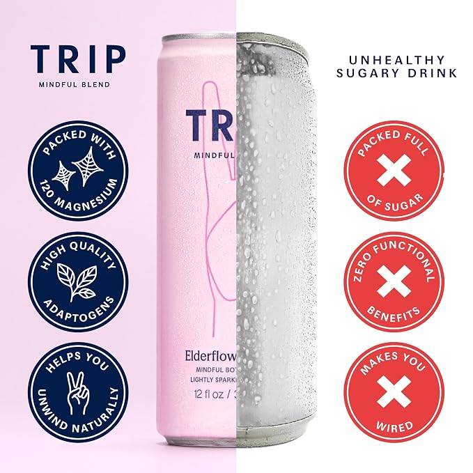 TRIP Lightly Sparkling Adaptogen Drink, Non Alcoholic Drink with Magnesium, Ashwagandha, Lions Mane & L Theanine, No Added Sugar Mocktail, Vegan, Elderflower Mint, 12 Oz, 12Pk